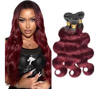 Jucames Extension Capelli Veri Umani Body Wave Human Hair Bundles Tessitura Unprocessed Remy Double Weft Extensions 100g/Per Ombre Black to Burgundy Color for Woman 16 18 20 Inch