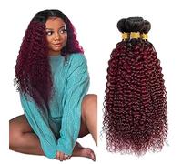 Jucames Extension Capelli Veri Umani Curly Wave Human Hair Bundles Tessitura 100% Unprocessed Virgin Remy Brasiliano Double Weft Extensions Colore Ombre Black to Burgundy for Woman 26 28 30 Inch