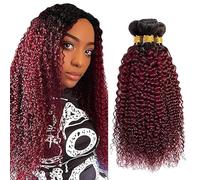 Jucames Extension Capelli Veri Umani Curly Wave Human Hair Bundles Tessitura Unprocessed Remy Double Weft Extensions 100g/Per Ombre Black to Burgundy Color for Woman 26 28 30 Inch