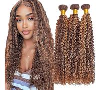 Jucames Extension Capelli Veri Umani Curly Wave Human Hair Bundles Tessitura Unprocessed Remy Double Weft Extensions 100g/Per Highlight Brown Color for Woman 22 24 26 Inch