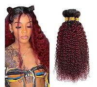 Jucames Extension Capelli Veri Umani Curly Wave Human Hair Bundles Tessitura Unprocessed Remy Double Weft Extensions 100g/Per Ombre Black to Burgundy Color for Woman 28 30 32 Inch