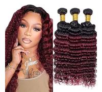 Jucames Extension Capelli Veri Umani Deep Wave Human Hair Bundles Tessitura 100% Unprocessed Virgin Remy Brasiliano Double Weft Extensions Colore Ombre Black to Burgundy for Woman 30 32 34 Inch
