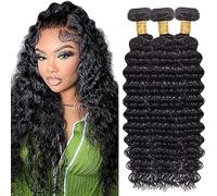 Jucames Extension Capelli Veri Umani Deep Wave Human Hair Bundles Tessitura Unprocessed Remy Double Weft Extensions 100g/Per Natural Black Color for Woman 30 32 34 Inch