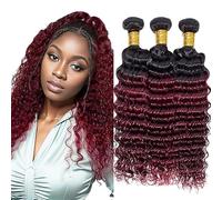 Jucames Extension Capelli Veri Umani Deep Wave Human Hair Bundles Tessitura Unprocessed Remy Double Weft Extensions 100g/Per Ombre Black to Burgundy Color for Woman 28 30 32 Inch