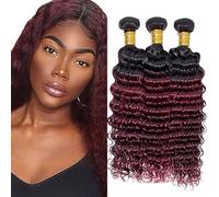Jucames Extension Capelli Veri Umani Deep Wave Human Hair Bundles Tessitura Unprocessed Remy Double Weft Extensions 100g/Per Ombre Black to Burgundy Color for Woman 22 24 26 Inch