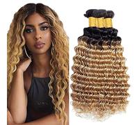 Jucames Extension Capelli Veri Umani Deep Wave Human Hair Bundles Tessitura Unprocessed Remy Double Weft Extensions 100g/Per Ombre Black to Blonde Color for Woman 30 32 34 Inch