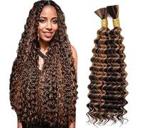 Jucames Extension Capelli Veri Umani Deep Wave Human Hair for Braiding Tessitura Unprocessed Remy No Weft Extensions Colore Highlight Brown for Woman 16 16 Inch