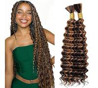 Jucames Extension Capelli Veri Umani Deep Wave Human Hair for Braiding Tessitura Unprocessed Remy No Weft Extensions Colore Highlight Brown for Woman 18 18 Inch