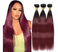 Jucames Extension Capelli Veri Umani Straight Human Hair Bundles Tessitura 100% Unprocessed Virgin Remy Brasiliano Double Weft Extensions Colore Ombre Black to Burgundy for Woman 28 30 32 Inch
