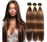 Jucames Extension Capelli Veri Umani Straight Human Hair Bundles Tessitura Unprocessed Remy Double Weft Extensions 100g/Per Highlight Brown Color for Woman 20 22 24 Inch