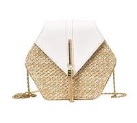 JUCHRZEY Borsa Boho da spiaggia Moda Borse a tracolla in paglia + PU a forma esagonale Borse bohemien da spiaggia estive con manico superiore alla moda (Bianco)