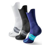 Juclise Coolmax - Calzini da corsa a compressione in viscosa di bambù traspiranti ammortizzati anti-vesciche supporto per arco plantare sport (IT, Numero, 42, 47, Regular, Regular, Black+White+Blue)