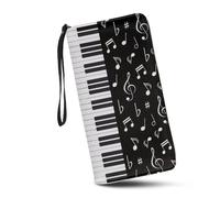 JUDENTIDOS Portafogli da donna carini da viaggio in pelle PU con cerniera intorno alla borsa lunga porta carte di credito pochette, Tasti di pianoforte Note musicali, Taglia unica