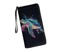 JUDENTIDOS Portafogli da donna in pelle con cerniera lunga borsa multipla slot per schede pochette da polso, Tartaruga marina al neon, Taglia unica