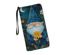 JUDENTIDOS Portafogli da donna in pelle con cerniera lunga borsa multipla slot per schede pochette da polso, Simpatici gnomi luna floreale, Taglia unica