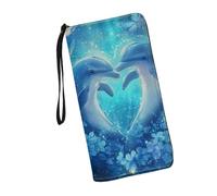 JUDENTIDOS Portafogli da donna in pelle con cerniera lunga borsa multipla slot per schede pochette da polso, Blu Delfino Floreale, Taglia unica