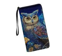 JUDENTIDOS Portafogli da donna in pelle con cerniera lunga borsa multipla slot per schede pochette da polso, Blu Gufo Flore, Taglia unica