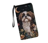 JUDENTIDOS Portafogli da donna in pelle con cerniera lunga borsa multipla slot per schede pochette da polso, Carino Shih Tzu Luna, Taglia unica