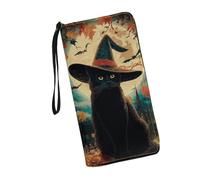 JUDENTIDOS Portafogli da donna in pelle con cerniera lunga borsa multipla slot per schede pochette da polso, Gatto nero di Halloween, Taglia unica