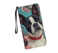 JUDENTIDOS Portafogli da donna in pelle con cerniera lunga borsa multipla slot per schede pochette da polso, Boston Terrier Floreale, Taglia unica