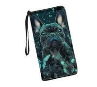 JUDENTIDOS Portafogli da donna in pelle con cerniera lunga borsa multipla slot per schede pochette da polso, Floreale Bulldog francese nero, Taglia unica