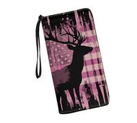 JUDENTIDOS Portafogli da donna in pelle con cerniera lunga borsa multipla slot per schede pochette da polso, Bandiera americana Cervo Rosa, Taglia unica