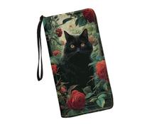 JUDENTIDOS Portafogli da donna in pelle con cerniera lunga borsa multipla slot per schede pochette da polso, Rosa Gatta Nera, Taglia unica