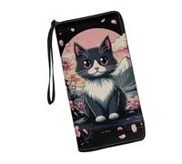 JUDENTIDOS Portafogli da donna porta carte di credito pochette in pelle portafogli lunghi con cinturino da polso, Gatto carino Cherry Blossom, Taglia unica