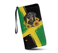 JUDENTIDOS Portafoglio carino per le donne cerniera intorno in pelle lunga borsa porta carte pochette con cinturino da polso, Bassotto Girasole Bandiera Giamaicana, Taglia unica