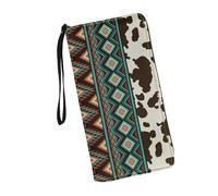 JUDENTIDOS Portafoglio da donna con blocco RFID in pelle PU multi carta di credito grande capapcity zip intorno pochette borsa da viaggio da polso, Mucca marrone azteca nativa, Taglia unica