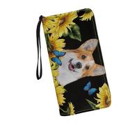 JUDENTIDOS Portafoglio da donna con blocco RFID in pelle PU multi carta di credito grande capapcity zip intorno pochette borsa da viaggio da polso, Girasole Corgi, Taglia unica