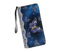 JUDENTIDOS Portafoglio da donna con blocco RFID in pelle PU multi carta di credito grande capapcity zip intorno pochette borsa da viaggio da polso, Farfalla blu., Taglia unica