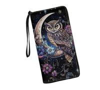 JUDENTIDOS Portafoglio da donna in pelle con blocco RFID con cerniera intorno al porta carte organizer da viaggio da donna pochette da polso, Simpatico gufo luna floreale, Taglia unica