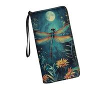 JUDENTIDOS Portafoglio da donna in pelle con blocco RFID, design con cerniera intorno al porta carte organizer da viaggio da donna pochette da polso, Libellula Luna Floreale, Taglia unica