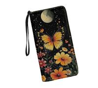 JUDENTIDOS Portafoglio da donna intorno alla cerniera borsa lunga RFID blocco porta carte pochette portafoglio da polso, Farfalla luna floreale, Taglia unica