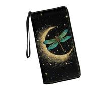 JUDENTIDOS Portafoglio da donna intorno alla cerniera borsa lunga RFID blocco porta carte pochette portafoglio da polso, Luna libellula, Taglia unica