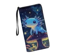 JUDENTIDOS Portafoglio da donna intorno alla cerniera borsa lunga RFID blocco porta carte pochette portafoglio da polso, Luna Axolotl Blu, Taglia unica