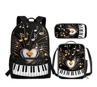JUDENTIDOS Zaino per la scuola per ragazzi, ragazze, bambini, scuola elementare, borsa per libri con borsa per il pranzo e astuccio, set, Tasti di pianoforte Note musicali