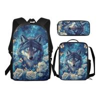 JUDENTIDOS Zaino per ragazzi ragazze borse da scuola con portapranzo astuccio set 3 pezzi carino librerie per asilo elementare prescolare medio, Galassia blu lupo floreale