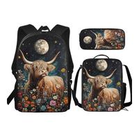 JUDENTIDOS Zaino per ragazzi ragazze borse da scuola con portapranzo astuccio set 3 pezzi carino librerie per asilo elementare prescolare medio, Luna di mucca delle Highland