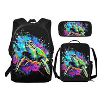 JUDENTIDOS Zaino per ragazzi ragazze borse da scuola con portapranzo astuccio set 3 pezzi carino librerie per asilo elementare prescolare medio, Tartaruga marina al neon