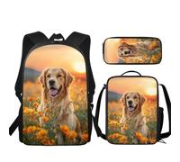 JUDENTIDOS Zaino per ragazzi ragazze borse da scuola con portapranzo astuccio set 3 pezzi carino librerie per asilo elementare prescolare medio, Golden Retriever Floreale