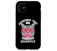 Judging You Silently Funny Cat Blowing Bubble Gum Pink Cat Custodia per iPhone 11