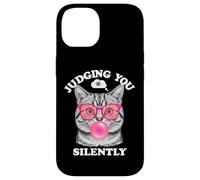 Judging You Silently Funny Cat Blowing Bubble Gum Pink Cat Custodia per iPhone 14