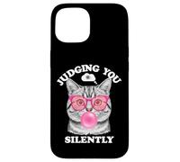 Judging You Silently Funny Cat Blowing Bubble Gum Pink Cat Custodia per iPhone 15