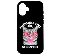 Judging You Silently Funny Cat Blowing Bubble Gum Pink Cat Custodia per iPhone 16