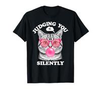 Judging You Silently Funny Cat Blowing Bubble Gum Pink Cat Maglietta