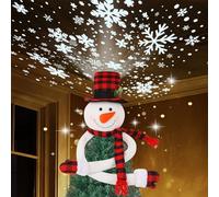 Juegoal Puntale per albero di Natale con proiettore LED a fiocchi di neve integrato, cappello a cilindro in peluche, pupazzo di neve con neve magica rotante, ornamento per albero di Natale,