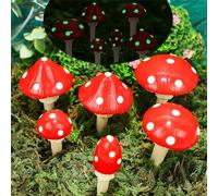 Juegoal Set di 6 statuette di funghi in miniatura da giardino delle fate, che si illuminano al buio, mini funghi rossi in resina, accessori artistici da giardino per esterni, scultura di agarici,