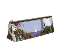 JUEXDEME Lighthouse, astuccio in pelle con motivo dipinto a rombi, design sottile, con cerniera metallica, formato tascabile, per studenti, ufficio, università, scuola media, bianco, Taglia unica,